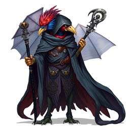 A fantasy kenku character draped in a flowing cloak, holding a sleek black staff