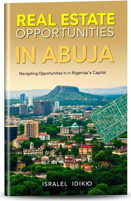 A sleek, modern book cover design featuring an aerial view of Abuja, showcasing the iconic Aso Rock in the background with upscale, developed neighborhoods in the foreground