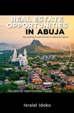 A sleek, modern book cover design featuring an aerial view of Abuja, showcasing the iconic Aso Rock in the background with upscale, developed neighborhoods in the foreground