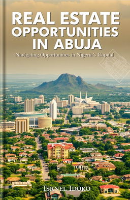 A sleek, modern book cover design featuring an aerial view of Abuja, showcasing the iconic Aso Rock in the background with upscale, developed neighborhoods in the foreground