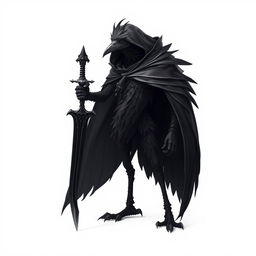 A black fantasy kenku (bird-like humanoid) wearing a dark cloak, holding a black rapier, standing majestically against a pure white background