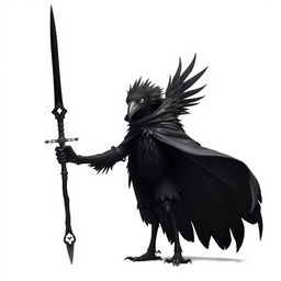 A black fantasy kenku (bird-like humanoid) wearing a dark cloak, holding a black rapier, standing majestically against a pure white background