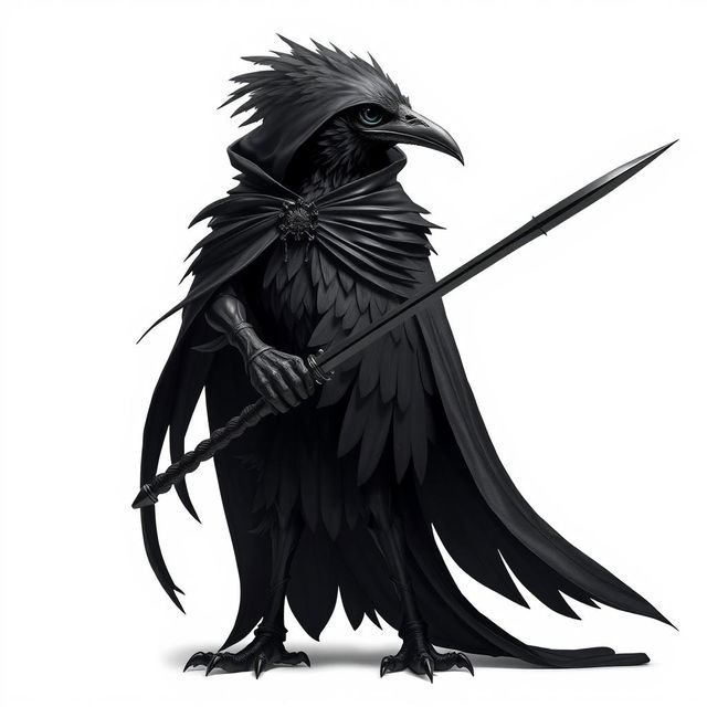 A black fantasy kenku (bird-like humanoid) wearing a dark cloak, holding a black rapier, standing majestically against a pure white background