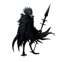 A black fantasy kenku (bird-like humanoid) wearing a dark cloak, holding a black rapier, standing majestically against a pure white background