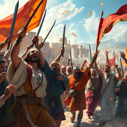 A dynamic and powerful digital painting capturing the scene of the Jewish victory over their enemies in the city of Susa during the reign of King Ahasuerus