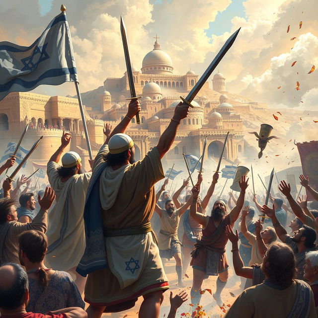 A dynamic and powerful digital painting capturing the scene of the Jewish victory over their enemies in the city of Susa during the reign of King Ahasuerus