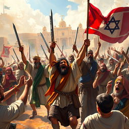 A dynamic and powerful digital painting capturing the scene of the Jewish victory over their enemies in the city of Susa during the reign of King Ahasuerus