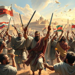 A dynamic and powerful digital painting capturing the scene of the Jewish victory over their enemies in the city of Susa during the reign of King Ahasuerus