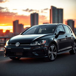 A stylish black Volkswagen Golf 8, showcasing its sleek design and modern features, parked against a vibrant cityscape background during sunset, the warm tones of the sky reflecting off the car's glossy finish