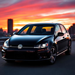 A stylish black Volkswagen Golf 8, showcasing its sleek design and modern features, parked against a vibrant cityscape background during sunset, the warm tones of the sky reflecting off the car's glossy finish