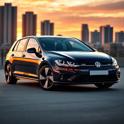 A stylish black Volkswagen Golf 8, showcasing its sleek design and modern features, parked against a vibrant cityscape background during sunset, the warm tones of the sky reflecting off the car's glossy finish