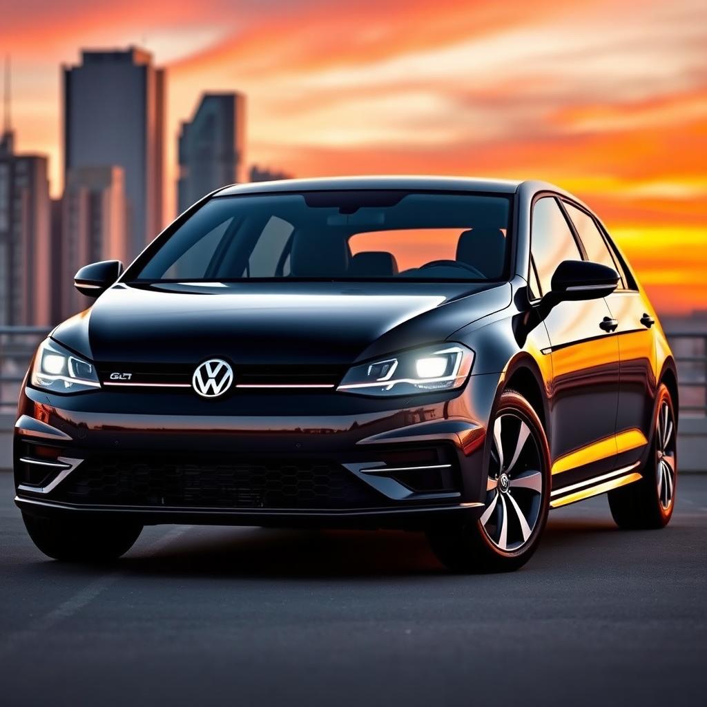 A stylish black Volkswagen Golf 8, showcasing its sleek design and modern features, parked against a vibrant cityscape background during sunset, the warm tones of the sky reflecting off the car's glossy finish