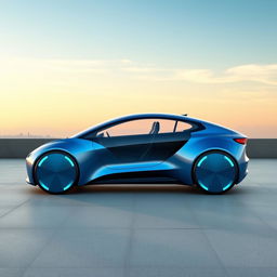 A sleek, futuristic electric vehicle prototype with an aerodynamic shape featuring smooth curves and a modern aesthetic