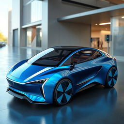 A sleek, futuristic electric vehicle prototype with an aerodynamic shape featuring smooth curves and a modern aesthetic