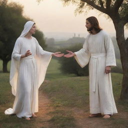 A dramatic scene depicting 'Noli Me Tangere' (Touch Me Not), where Jesus Christ, in a radiant white robe, gently directs a reaching Mary Magdalene away from him against a serene, early morning background.