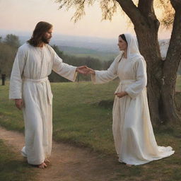 A dramatic scene depicting 'Noli Me Tangere' (Touch Me Not), where Jesus Christ, in a radiant white robe, gently directs a reaching Mary Magdalene away from him against a serene, early morning background.