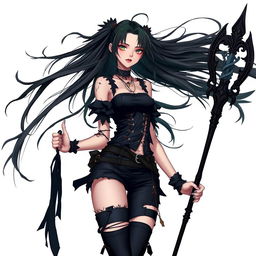 A stylish girl in tattered black clothing holding a black staff, with long black hair flowing dramatically against a clean white background