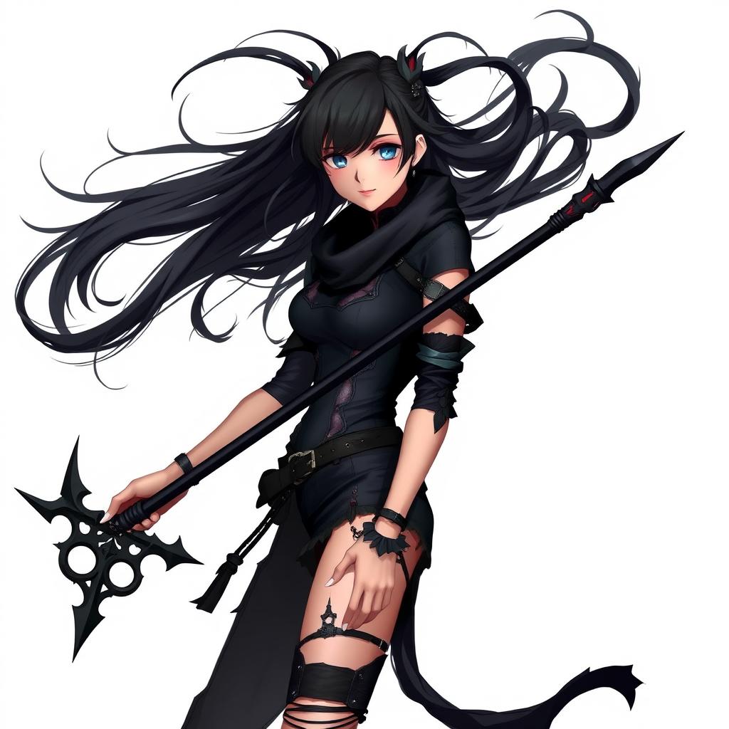 A stylish girl in tattered black clothing holding a black staff, with long black hair flowing dramatically against a clean white background