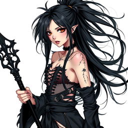 A stylish girl in tattered black clothing holding a black staff, with long black hair flowing dramatically against a clean white background