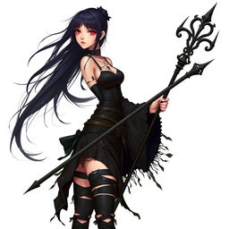 A stylish girl in tattered black clothing holding a black staff, with long black hair flowing dramatically against a clean white background