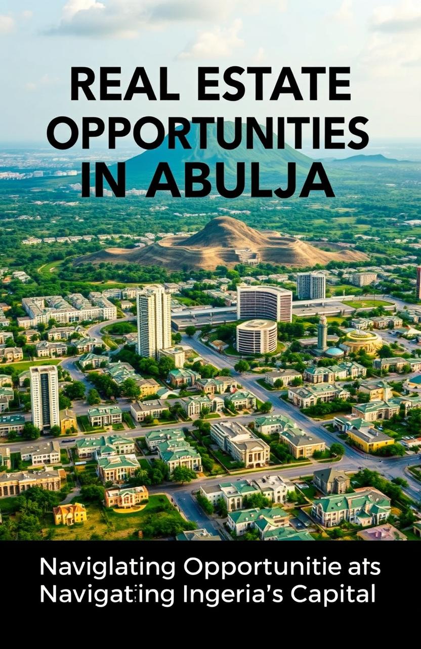 A modern and sleek book cover design featuring an aerial view of Abuja, highlighting the iconic Aso Rock in the background