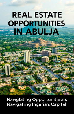 A modern and sleek book cover design featuring an aerial view of Abuja, highlighting the iconic Aso Rock in the background