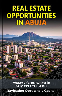 A modern and sleek book cover design featuring an aerial view of Abuja, highlighting the iconic Aso Rock in the background