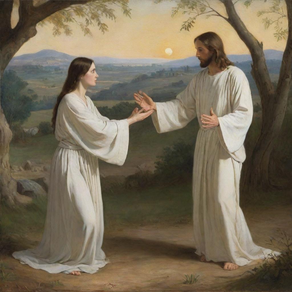 A dramatic scene depicting 'Noli Me Tangere' (Touch Me Not), where Jesus Christ, in a radiant white robe, gently directs a reaching Mary Magdalene away from him against a serene, early morning background.