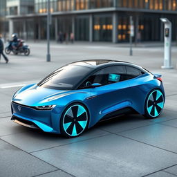 A prototype of a sleek, futuristic electric vehicle designed for advanced wireless charging technology