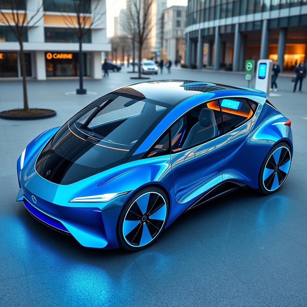 A prototype of a sleek, futuristic electric vehicle designed for advanced wireless charging technology