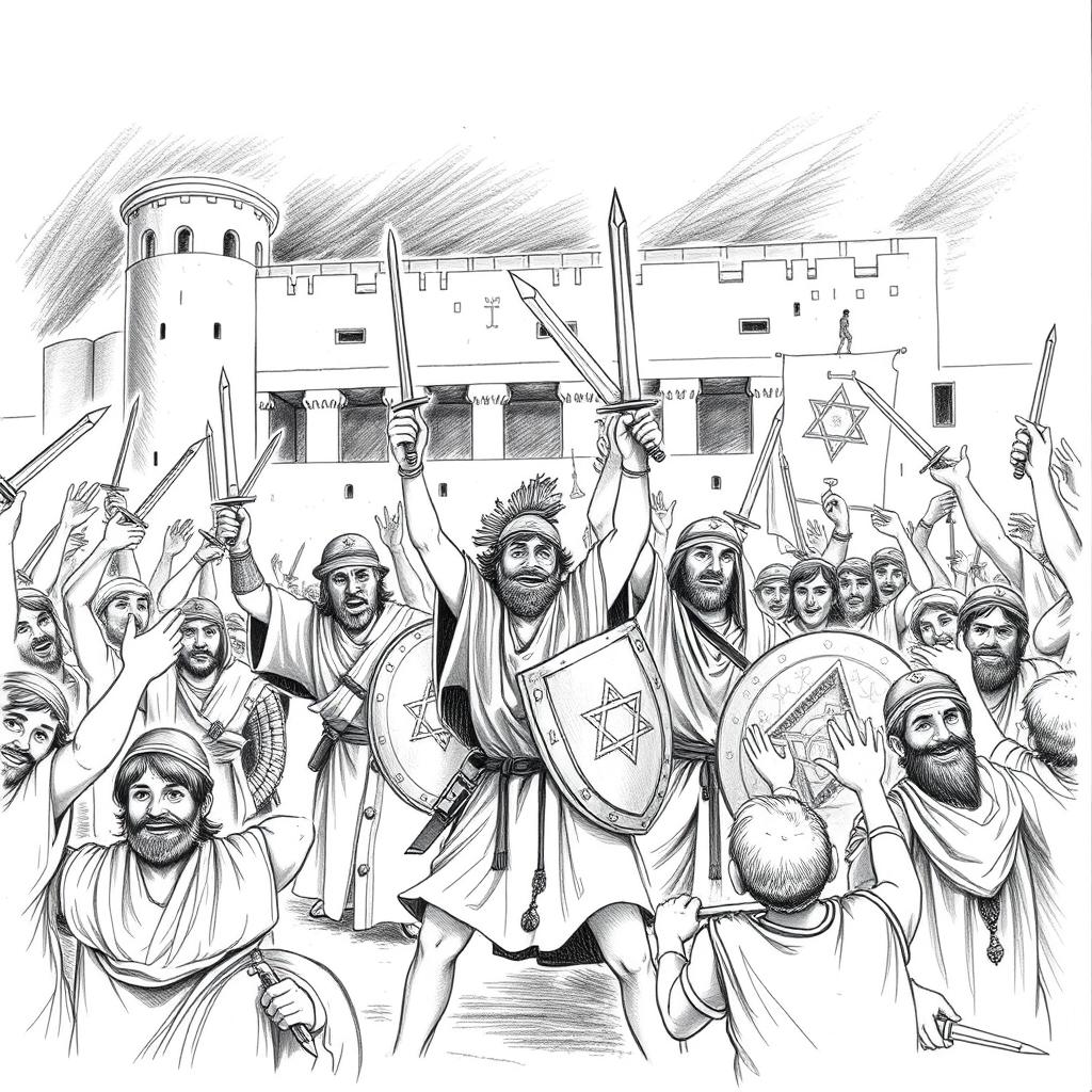 A striking black and white illustration depicting the scene of the Jewish victory over their enemies in the city of Susa during the time of King Ahasuerus