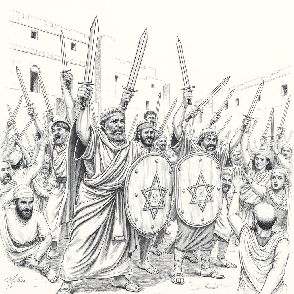 A striking black and white illustration depicting the scene of the Jewish victory over their enemies in the city of Susa during the time of King Ahasuerus