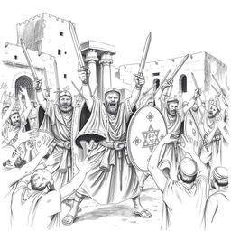 A striking black and white illustration depicting the scene of the Jewish victory over their enemies in the city of Susa during the time of King Ahasuerus