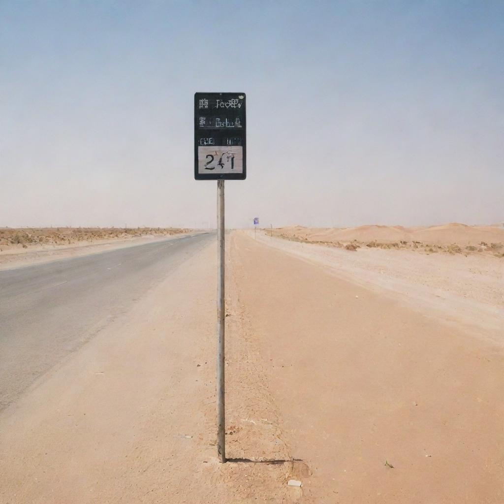 A speed limit sign in Saudi Arabia displaying the limit in km/h with Arabic numerals and texts, set against the backdrop of a clear sky and desert sand.