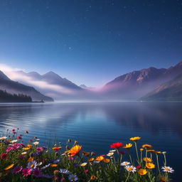 A serene landscape featuring a tranquil lake surrounded by misty mountains under a starry night sky