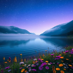 A serene landscape featuring a tranquil lake surrounded by misty mountains under a starry night sky