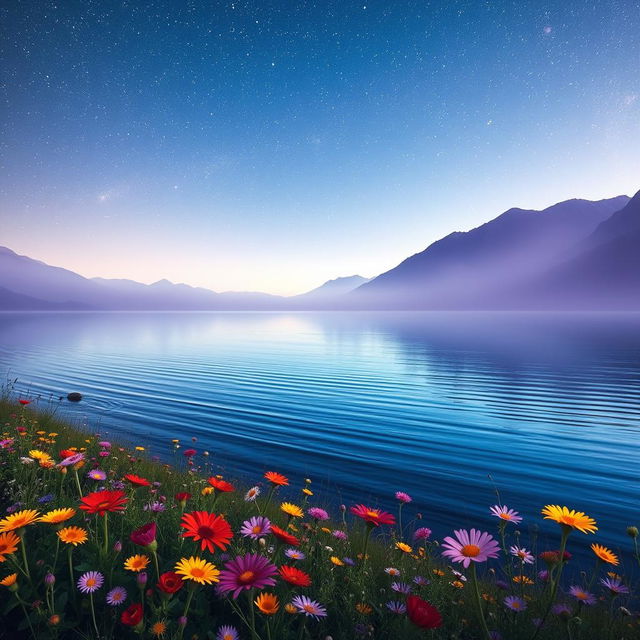 A serene landscape featuring a tranquil lake surrounded by misty mountains under a starry night sky