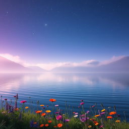 A serene landscape featuring a tranquil lake surrounded by misty mountains under a starry night sky