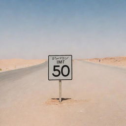 A speed limit sign in Saudi Arabia displaying the limit in km/h with Arabic numerals and texts, set against the backdrop of a clear sky and desert sand.