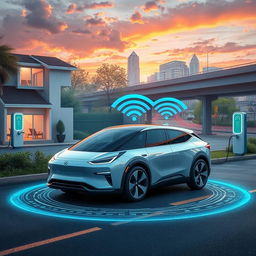 An imaginative vision of a world where electric vehicles charge automatically with advanced wireless charging technology