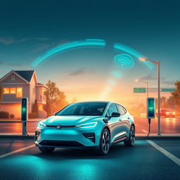 An imaginative vision of a world where electric vehicles charge automatically with advanced wireless charging technology