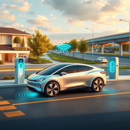 An imaginative vision of a world where electric vehicles charge automatically with advanced wireless charging technology