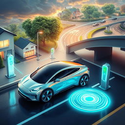 An imaginative vision of a world where electric vehicles charge automatically with advanced wireless charging technology