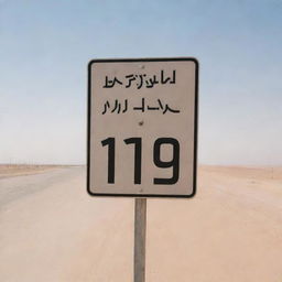 A speed limit sign in Saudi Arabia displaying the limit in km/h with Arabic numerals and texts, set against the backdrop of a clear sky and desert sand.