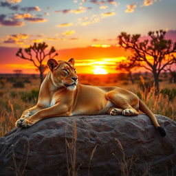 A majestic lioness lounging gracefully on a sunlit rock, her golden fur glimmering in the warm rays of the afternoon sun