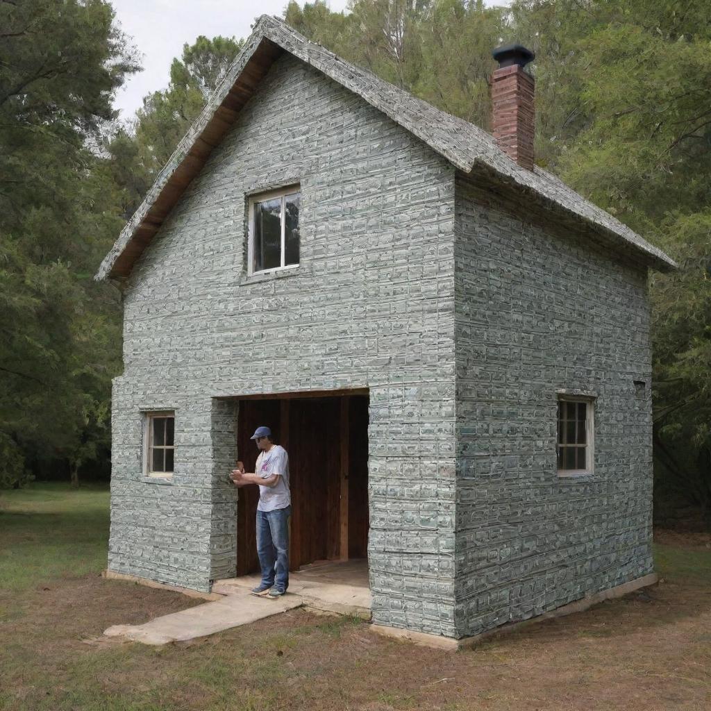 A quirky and detailed house constructed entirely from one hundred dollar bills