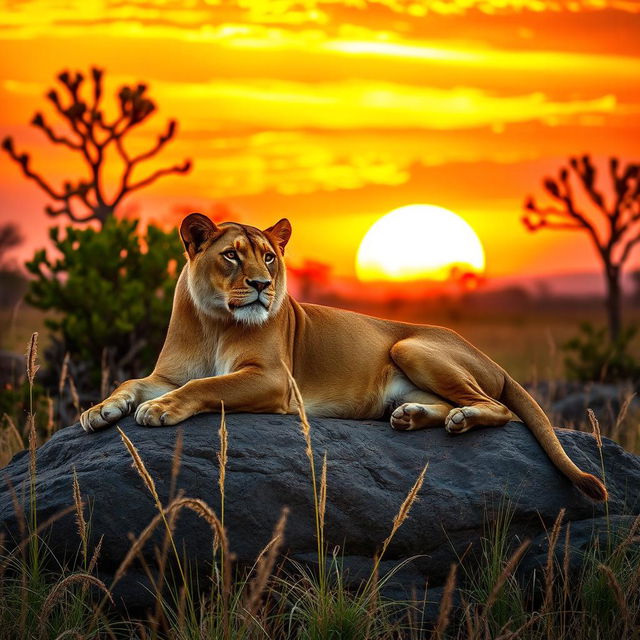 A majestic lioness lounging gracefully on a sunlit rock, her golden fur glimmering in the warm rays of the afternoon sun