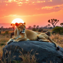 A majestic lioness lounging gracefully on a sunlit rock, her golden fur glimmering in the warm rays of the afternoon sun