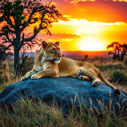 A majestic lioness lounging gracefully on a sunlit rock, her golden fur glimmering in the warm rays of the afternoon sun