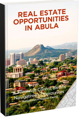 A sleek, modern book cover featuring an aerial view of Abuja, Nigeria, showcasing the iconic Aso Rock in the background